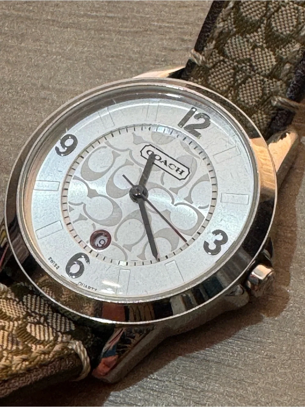 Vintage Coach Signature Logo Swiss Quartz Monogram Canvas Strap Watch Silver